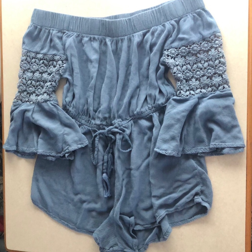 Blue Off The Shoulder Bell Sleeve Romper